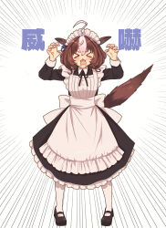  >_< 1girl ahoge animal_ears apron black_dress black_ribbon black_shoes blush breasts brown_hair closed_eyes commentary_request dress ear_ribbon emphasis_lines hair_between_eyes hands_up highres horse_ears horse_girl horse_tail long_sleeves maid maid_apron maid_headdress meisho_doto_(umamusume) multicolored_hair neck_ribbon nnmkmwakaranai open_mouth pantyhose ribbon shoes short_hair tail two-tone_hair umamusume white_apron white_hair white_headdress white_pantyhose 
