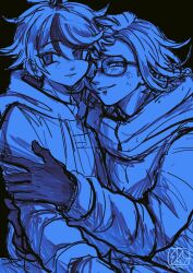  2boys aotsuki_eito bazukat_art blue_theme glasses hood hoodie jacket_over_hoodie male_focus multiple_boys short_hair sketch smile sumino_takumi the_hundred_line_-last_defense_academy- 