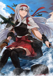 1girl aircraft airplane anti-aircraft_gun archery b6n_tenzan blush bow_(weapon) breasts brown_eyes commentary_request day flight_deck gloves hair_ribbon hairband hakama hakama_short_skirt hakama_skirt headband highres japan japan_air_self-defense_force japan_ground_self-defense_force japan_maritime_self-defense_force japan_self-defense_force japanese japanese_clothes japanese_flag japanese_text kanmiya_shinobu kantai_collection kyuudou long_hair monkey_ears monkey_girl muneate ocean partially_fingerless_gloves quiver red_hakama red_headband ribbon shoukaku_(kancolle) shoukaku_kai_ni_(kancolle) skirt smile tasuki thigh-highs turbine twintails weapon white_hair
