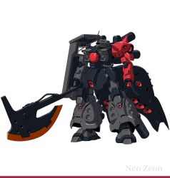 anime_coloring armor armor_skirt arms_at_sides axe backpack bag battle_axe black_armor commentary_request full_body gas_cylinder grey_armor gundam gyoubu_ippei heat_hawk holding holding_axe horns huge_weapon industrial_pipe joints legs_apart looking_at_viewer mecha mecha_focus mobile_suit moon_gundam multicolored_armor neo_zeon no_humans official_art one-eyed one-eyed_mecha pink_eyes red_armor robot robot_joints shoulder_armor shoulder_spikes sideways_glance simple_background single_horn solo spikes standing thrusters vernier_thrusters weapon white_background zaku_iv zaku_iv_custom 