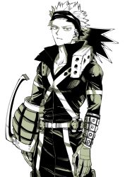  1boy bakugou_katsuki boku_no_hero_academia collarbone commentary_request eye_mask gloves himo_(himodayoo) male_focus mask mask_on_head monochrome pants popped_collar short_hair simple_background solo superhero_costume white_background 