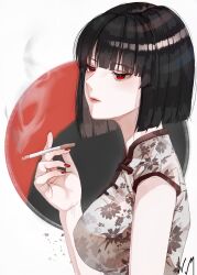  1girl absurdres black_hair blunt_ends breasts chinese_clothes cigarette closed_mouth commentary_request dress from_side highres holding holding_cigarette large_breasts nail_polish original qipao red_eyes red_nails short_hair short_sleeves signature smoke smoke_trail smoking solo upper_body window0901 