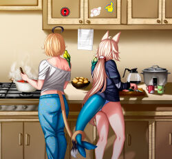  absurdres ahoge animal_ears artist_request bird blonde_hair cat_ears coffee cooking_pot cucumber cup dooby food fruit highres indie_virtual_youtuber jerboa_tail kitchen knife lemon long_hair long_sleeves mug multicolored_hair multiple_girls panties paper parakeet rice_cooker sameko_saba shirt short_hair sticker streaked_hair tail tail_tuft tail_wrap underwear very_long_hair virtual_youtuber 