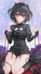 1girl absurdres black_bow black_hair black_hairband black_shoes black_socks bow bracelet breasts commentary_request demon_girl demon_horns doll_joints flower frilled_hairband frills full_body hairband highres horns jewelry joints light_blush looking_at_viewer medium_breasts multicolored_hair original parted_lips pearl_bracelet pointy_ears purple_flower purple_hair shoes short_hair short_twintails sitting socks solo star_(symbol) thighs twintails two-tone_hair two_side_up violet_eyes wariza youmeng33 
