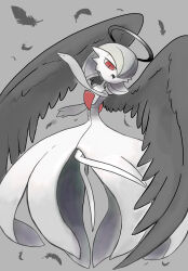  1girl angel arm_up bob_cut commentary_request feathered_wings feathers flat_chest full_body gardevoir grey_background greyscale hair_over_one_eye half-closed_eyes halo happy highres knees_together_feet_apart leg_up looking_at_viewer monochrome monya no_feet one_eye_covered open_mouth pokemon pokemon_(creature) red_eyes short_hair simple_background smile solo spot_color traditional_halo wings 