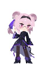  1girl absurdres animal_ears arknights black-framed_eyewear black_jacket blush boots chibi commentary_request full_body glasses hairband highres jacket jewelry lin_(arknights) looking_at_viewer mouse_ears mouse_girl pink_eyes pink_hair short_hair smile solo strandingmai transparent_background 