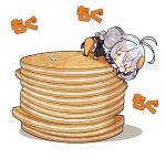  1girl absurdres antenna_hair black_jacket braid eating food food_on_face grey_hair hair_between_eyes highres jacket kizuna_akari long_hair long_sleeves milkpanda orange_thighhighs simple_background solo striped striped_thighhighs thigh-highs twin_braids vertical-striped_thighhighs vertical_stripes voiceroid white_background 