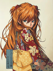  1girl absurdres alternate_costume blue_eyes chinese_commentary chinese_text commentary_request floral_print from_side fufuloong hair_between_eyes highres interface_headset_(evangelion) japanese_clothes kimono long_hair looking_at_viewer neon_genesis_evangelion obi orange_hair paper_texture red_kimono sash souryuu_asuka_langley translation_request white_background yellow_sash 