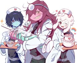  1boy 1girl 1other androgynous animal_ears black_eyes black_hair blue_skin blush bowl cake candle closed_mouth colored_sclera colored_skin colored_teeth commentary_request deltarune food furry furry_female furry_male glasses green-framed_eyewear grin hat highres holding holding_syringe holding_tray horns korean_commentary kris_(dark_world)_(deltarune) kris_(deltarune) kris_(takecare)_(deltarune) lab_coat large_syringe long_hair long_sleeves looking_at_viewer nurse nurse_cap one_eye_closed open_mouth oversized_object pink_eyes purple_hair purple_skin ralsei ralsei_(takecare) red_eyes reptile_girl round_eyewear shaded_face sharp_teeth short_hair simple_background smile susie_(dark_world)_(deltarune) susie_(deltarune) susie_(takecare)_(deltarune) syringe teeth tray utdr_(toby_fox) white_background wktdms1 yellow_sclera yellow_teeth 