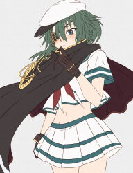  1girl black_cape brown_gloves cape eyepatch flat_cap gloves green_eyes green_hair green_sailor_collar grey_background hat highres kanmiya_shinobu kantai_collection kiso_(kancolle) kiso_kai_ni_(kancolle) midriff neckerchief pleated_skirt red_neckerchief rope sailor_collar sailor_hat sailor_shirt school_uniform serafuku shirt short_hair simple_background skirt solo striped_skiirt two-tone_skirt white_shirt white_skirt 