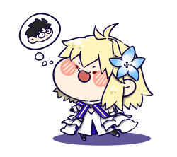 1girl :3 antenna_hair arcueid_brunestud arcueid_brunestud_(mooncancer) black_gloves black_pantyhose blonde_hair blue_dress blue_flower blue_ribbon blush chibi chibi_only choker commentary_request detached_sleeves dress fate/grand_order fate_(series) flower gloves hair_between_eyes long_dress mochi2_huto open_mouth pantyhose red_eyes ribbon shoes short_hair simple_background single_hair_intake smile solo speech_bubble thought_bubble tohno_shiki two-tone_dress white_background white_choker white_dress white_shoes white_sleeves 