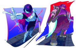  1girl 1other :/ absurdres ankle_boots arm_up armlet armor artist_name axe bare_shoulders battle_axe belt black_pants blue_skin boots breasts brown_belt brown_boots buckle cape closed_mouth colored_skin commentary covered_eyes cuirass deltarune evil_grin evil_smile full_body furry furry_female gauntlets gradient_background greaves grey_vest grin hair_over_eyes hand_up heart heart-shaped_buckle highres holding holding_axe holding_sword holding_weapon index_finger_raised jewelry kris_(dark_world)_(deltarune) kris_(deltarune) leg_armor mane_ax_(deltarune) medium_breasts medium_hair open_clothes open_vest pants pauldrons pink_cape pink_skin pointing pointing_to_the_side purple_hair purple_pants purple_shirt sabaton sharp_teeth shirt shirt_tucked_in short_hair shoulder_armor single_pauldron smile spiked_armlet spiked_wristband standing susie_(dark_world)_(deltarune) susie_(deltarune) sword teeth tile_floor tiles utdr_(toby_fox) vest weapon white_background yusu_zune 