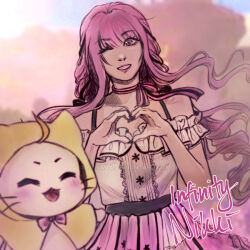  1girl ^_^ ahoge animal bare_arms bare_shoulders belt black_belt black_bow black_ribbon blue_sky bow bow_choker bowtie bra_strap brown_eyes buttons cat center_frills choker clip_studio_paint_(medium) cloak closed_eyes clothed_animal clouds collarbone commentary copyright_name cowboy_shot day ear_covers english_commentary eyelashes eyes_visible_through_hair floating_hair frilled_skirt frilled_sleeves frills grin hair_bow hair_ribbon happy heart heart_hands hood hood_up hooded_cloak infinity_nikki layered_skirt light_blush lipstick long_sidelocks low_twintails makeup momo_(nikki) nikki_(nikki) nikki_(series) nostrils off-shoulder_shirt off_shoulder one_eye_closed open_mouth outdoors outstretched_arms perfect_start_(infinity_nikki) pink_bow pink_bowtie pink_choker pink_hair pink_lips pink_skirt pleated_skirt print_skirt ribbon shirt short_sleeves sidelocks single_stripe skirt sky smile snowflake_print snowflakes standing striped_bow striped_bowtie striped_choker striped_clothes traditional_bowtie tress_ribbon twintails wavy_hair whiskers white_cat white_shirt white_skirt wind yellow_cloak yuwaaa 