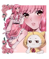  1girl bare_shoulders bow cat choker closed_mouth dress eyelashes frills happy highres infinity_nikki jewelry light_blush long_hair long_sleeves momo_(nikki) nikki_(nikki) nikki_(series) pink_choker pink_hair ribbon shirt sidelocks smile sunnypoppy very_long_hair white_cat 