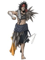 1boy armor bandaged_arm bandages barefoot black_hair black_shorts chest_tattoo commentary_request crazy02oekaki cross_scar facial_hair final_fantasy final_fantasy_x gauntlets goatee grin headband highres jecht male_focus medium_hair midriff multiple_scars pauldrons red_eyes red_headband scar scar_on_arm scar_on_face scars_all_over shorts shoulder_armor signature single_bare_shoulder single_gauntlet single_pauldron smile solo stretching tan tattoo teeth torn_clothes white_background 