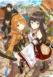  1boy 2girls atobe_arihito bare_shoulders black_bow black_hair black_jacket black_shoes bow bow_(weapon) brown_eyes commentary_request cover cover_page detached_sleeves hair_bow holding holding_bow_(weapon) holding_weapon jacket kazabana_fuuka looking_at_viewer multiple_girls nitou_misaki_(sekai_saikyou_no_kouei) novel_cover official_art one_eye_closed orange_hair orange_jacket red_shoes sekai_saikyou_no_kouei:_meikyuukoku_no_shinjin_tansakusha shiromiya_suzuna shoes smile weapon white_sleeves wide_sleeves 