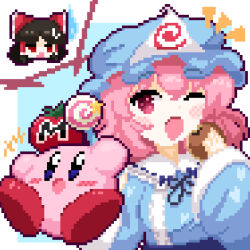  2girls black_ribbon blue_hat blue_kimono blush bow brown_hair colored_skin commentary_request crossover dorayaki food frilled_bow frilled_hair_tubes frills gozen_0416 hair_bow hair_tubes hakurei_reimu hat highres holding holding_food japanese_clothes kimono kirby kirby_(series) long_hair long_sleeves looking_at_viewer mob_cap multiple_girls neck_ribbon notice_lines one_eye_closed open_mouth pink_eyes pink_hair pink_skin pixel_art red_bow red_eyes ribbon saigyouji_yuyuko smile touhou triangular_headpiece wagashi wide_sleeves 