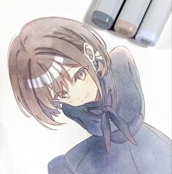  1girl arms_behind_back art_tools_in_frame black_dress black_neckerchief braid breasts brown_eyes brown_hair closed_mouth commentary_request corrupted_twitter_file dot_nose dress gradient_neckerchief head_tilt highres leaning_forward leaning_to_the_side light_blush long_sleeves looking_at_viewer marker marker_(medium) medium_breasts neckerchief pato_(ptro) project_sekai red_neckerchief shinonome_ena short_hair side_braid sidelocks smile solo traditional_media 