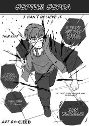  1boy alt_text character_name commentary dialogue english_commentary expressionless greyscale harry_potter_(series) highres hogwarts_school_uniform jujutsu_kaisen monochrome necktie notsafe4whowl robe ron_weasley scene_reference school_uniform short_hair simple_background sweater_vest tile_floor tiles walking white_background wizarding_world 
