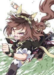  1girl absurdres animal_ears asymmetrical_gloves black_jacket black_necktie black_thighhighs braid breasts brown_hair buena_vista_(heroina_inocente)_(umamusume) buena_vista_(umamusume) checkered_collar checkered_hairband collared_shirt commentary_request ear_covers gloves hair_between_eyes hair_ornament hairband headband highres horse_ears horse_girl horse_tail jacket medium_hair mismatched_gloves necktie open_mouth running shirt single_thighhigh skirt solo tail teeth thigh-highs umamusume violet_eyes white_shirt zukki_(bijitaru) 