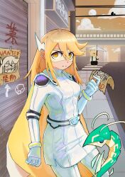  1girl belt blonde_hair blue_eyes bracelet cape closed_mouth clouds creature eye_mask gloves hair_between_eyes highres holding holding_paper holding_umbrella jewelry leggings long_hair long_sleeves looking_to_the_side mask n-villio paper power_lines road saboru_homura shine_(shy) shy_(series) stigma_(shy) stuffed_animal stuffed_toy teddy_bear translation_request umbrella wanted_poster white_gloves white_leggings yellow_eyes 