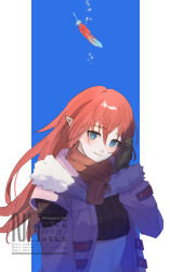  1girl blue_eyes blush coat commentary_request feathers fur_trim gloves green_gloves highres long_hair looking_at_viewer pink_coat pointy_ears potacha red_hair rune_factory rune_factory_3 scarf solo toona 