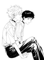  2boys absurdres adam's_apple closed_eyes commentary_request dress_shirt dss_choker from_side greyscale hair_between_eyes highres himo_(himodayoo) ikari_shinji invisible_chair looking_at_another looking_to_the_side male_focus monochrome multiple_boys nagisa_kaworu neon_genesis_evangelion shirt shirt_tucked_in short_hair simple_background sitting smile suit_pants white_background 
