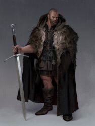  1boy bald beard belt belt_buckle black_belt black_cloak black_tunic boots brown_boots brown_hair buckle cloak closed_mouth concept_art dongho_kang facial_hair fingernails full_body fur-trimmed_cloak fur_trim grey_background grey_eyes highres holding holding_sword holding_weapon hood hood_up hooded_cloak knee_boots lips looking_to_the_side male_focus manly mature_male nose original planted planted_sword realistic reverse_grip simple_background solo standing sword tunic weapon 