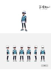  1boy absurdres blue_eyes commentary_request copyright_logo copyright_name full_body grey_background headband highres hood hoodie leggings_under_shorts logo male_focus multiple_views official_art pointy_ears reference_sheet shoes shorts simple_background standing the_legend_of_luo_xiaohei turnaround white_background white_hair yi_feng_(the_legend_of_luoxiaohei) 