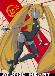  1girl absurdres android atomic_heart black_leotard black_thighhighs blonde_hair breasts colored_skin cosplay faceless faceless_female grey_skin hatsune_miku highres jacket joints leotard long_hair meganamako right_(atomic_heart) right_(atomic_heart)_(cosplay) robot_joints small_breasts solo soviet_flag thigh-highs twintails very_long_hair vocaloid yellow_jacket 