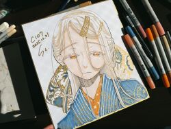  1girl absurdres blonde_hair commentary_request expressionless gakuen_idolmaster hair_ornament hairclip half-closed_eyes highres idolmaster japanese_clothes kimono long_hair looking_at_viewer marker_(medium) orange_eyes photo_(medium) saltyacurry shikishi shinosawa_hiro solo traditional_media upper_body 