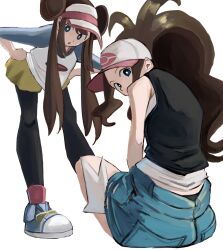  2girls baseball_cap black_panties black_pantyhose black_vest blue_eyes breasts brown_hair denim denim_shorts donut_hair_bun double_bun exposed_pocket hair_bun hat high_ponytail highres hilda_(pokemon) leaning_forward long_hair looking_at_viewer multiple_girls open_clothes open_vest panties pantyhose pantyhose_under_shorts poke_ball_print pokemon pokemon_black_2_and_white_2 pokemon_black_and_white ponytail raglan_sleeves rosa_(pokemon) shirt shorts sidelocks sitting standing tikuwabu_33 twintails underwear vest visor_cap white_shirt yellow_shorts 
