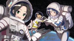  1other 2girls black_hair blue_eyes blue_hair blush cat commentary earth_(planet) floating green_eyes helmet highres hoshino_mitsuki idolmaster idolmaster_cinderella_girls midair multiple_girls open_mouth planet smile soma_natsumi space space_helmet spacesuit spacewalk star_(sky) wakui_rumi 