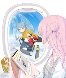  1boy 2girls anglediana artist_name bang_dream! bang_dream!_it's_mygo!!!!! blue_eyes blue_sky box chihaya_anon chinese_text clouds commentary dress flying food_delivery_box hair_ornament hairclip highres holding holding_box holding_tablet_pc jacket jewelry looking_at_another looking_outside minecraft multiple_girls necklace on_airplane pink_hair plaid_clothes plaid_dress prehensile_hair sky steve_(minecraft) tablet_pc takeout_container togawa_sakiko triangle_hair_ornament twintails two_side_up viola_(bang_dream!) window yellow_eyes yellow_jacket 