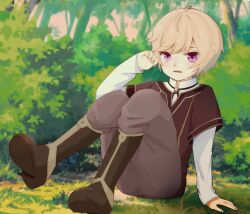  1boy aged_down black_boots boots brown_pants bush commentary_request crying crying_with_eyes_open fire_emblem fire_emblem_echoes:_shadows_of_valentia forest grass highres ishidari_143 kliff_(fire_emblem) looking_at_viewer male_focus nature on_ground open_mouth pants sitting tears tree 
