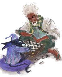  2boys beak beard bishop_(chess) board_game chess chess_piece chessboard closed_mouth commentary dark-skinned_male dark_skin deadlock_(game) english_commentary facial_hair flip-flops glasses hat highres indian_style knight_(chess) kokognos_(kieu) male_focus multiple_boys nightcap open_mouth pajamas pawn_(chess) pillow rem_(deadlock) sandals simple_background sitting sitting_on_pillow solomon_(deadlock) tail white_background 