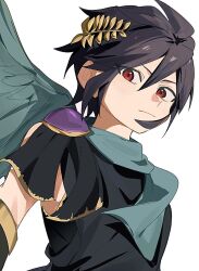  0a_9_(pixiv82791714) 1boy angel angel_wings black_hair dark_pit green_scarf highres kid_icarus kid_icarus_uprising laurel_crown looking_at_viewer male_focus red_eyes scarf simple_background upper_body white_background wings 