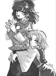  2girls :d ame_iru artist_name behind_another blush breasts closed_mouth commentary_request cowboy_shot cross-laced_vest fang from_side greyscale hair_ornament hair_ribbon hands_up highres hug hug_from_behind layered_sleeves leaf_hair_ornament long_skirt long_sleeves looking_at_viewer medium_breasts medium_hair mirror missing_headwear monochrome moriya_suwako multiple_girls open_mouth outdoors own_hands_together ribbon rope shimenawa short_over_long_sleeves short_sleeves signature simple_background skirt smile smug split_mouth touhou tress_ribbon vest white_background wide_sleeves yasaka_kanako yuri 