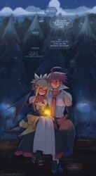  absurdres adell_(disgaea) bat_wings commentary couple demon_wings disgaea dress english_commentary forest highres lantern nature night puffphox rozalin sitting speech_bubble wings 