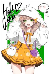  bag candy_ornament cape commentary_request crossbody_bag ghost_ornament halloween_costume highres hood hoodie ichijou_ai_(jinsei_gyakuten) ikaguchiei jinsei_gyakuten:_uwaki_sare_enzai_wo_kiserareta_ore_ga_gakuen_ichi_no_bishoujo_ni_natsukareru miniskirt official_art orange_skirt purple_bag shirt_tucked_in skirt thighs white_cape white_hoodie 