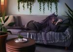 1girl closed_eyes couch cushion highres hololive hololive_english indoors long_hair lying nalumia ninomae_ina&#039;nis on_couch pantyhose plant pointy_ears potted_plant purple_hair sleeping tentacle_hair virtual_youtuber 