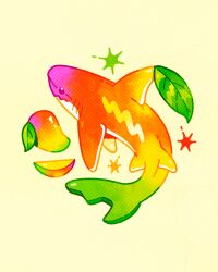  animal_focus catnoli colored_skin colorful commentary english_commentary food food-themed_creature fruit halftone highres leaf mango mango_slice no_humans original rainbow_gradient shark simple_background sparkle yellow_background 