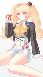  1girl absurdres alternate_costume apple bitten_apple black_hat black_jacket blonde_hair claret_flint collared_shirt eating food food_bite fruit hair_intakes hat highres hoavu holding holding_food holding_fruit jacket long_hair looking_at_viewer mini_hat multicolored_hair open_mouth red_eyes red_streaks shirt shorts simple_background sitting solo streaked_hair twintails white_background white_shirt white_shorts zenless_zone_zero 