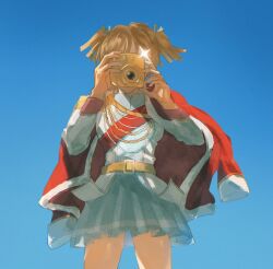  1girl ai_yu_zhanzheng_de_ri_ri_ye_ye aiguillette belt belt_buckle blonde_hair blue_background blue_jacket blue_skirt buckle camera covered_face cowboy_shot daiba_nana facing_viewer fur-trimmed_jacket fur_trim glint gradient_background green_ribbon hair_ribbon hands_up highres holding holding_camera jacket jacket_on_shoulders long_sleeves pleated_skirt red_jacket red_sash ribbon sash short_hair short_twintails shoujo_kageki_revue_starlight shoulder_sash single_horizontal_stripe skirt solo straight-on striped_clothes striped_skirt taking_picture twintails white_jacket yellow_belt yellow_trim 