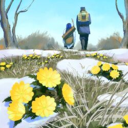  1boy 1girl adonis_(flower) asirpa backpack bag bare_tree blue_coat blue_pants blue_sky bow_(weapon) coat commentary_request facing_away flower golden_kamuy grass highres murata_miku outdoors pants sky snow sugimoto_saichi tree weapon wide_shot winter yellow_flower 
