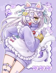  1girl absurdres animal_ear_hairband animal_ears apron bandaid bandaid_hair_ornament candy cat_ear_hairband cat_ears commentary eyepatch fake_animal_ears food grey_hair hair_between_eyes hair_ornament hairband henya_the_genius henya_the_genius_(jersey_maid) highres holding holding_candy holding_food holding_lollipop indie_virtual_youtuber jersey_maid lollipop long_hair maid purple_track_suit rabio_(labi555) sleeves_past_fingers sleeves_past_wrists solo thigh_strap track_suit two_side_up unconventional_maid virtual_youtuber white_apron x_hair_ornament yellow_eyes 