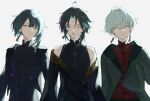  3boys ahoge alternate_costume aqua_eyes aqua_hair bangs black_hair blue_hair chinese_clothes chongyun_(genshin_impact) closed_mouth cyenwl earrings facial_mark forehead_mark genshin_impact green_hair grey_background highres jacket jewelry looking_at_viewer male_focus multicolored_hair multiple_boys necklace open_clothes orange_eyes parted_lips simple_background sleeves_past_fingers sleeves_past_wrists tassel tassel_earrings xiao_(genshin_impact) xingqiu_(genshin_impact) 