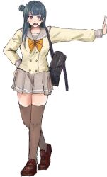  1girl bag black_bag blue_hair blush bow bowtie brown_shoes commentary_request full_body grey_sailor_collar grey_skirt hair_bun highres looking_at_viewer love_live! love_live!_sunshine!! miniskirt omo_(moche_moche92) pleated_skirt sailor_collar school_uniform shoes single_hair_bun single_side_bun skirt solo standing tsushima_yoshiko uranohoshi_school_uniform violet_eyes white_background yellow_bow yellow_bowtie 