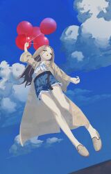  1girl balloon belt blue_shorts brown_coat brown_hair clouds coat commentary cutoffs day denim denim_shorts flat_chest flats from_behind gakuen_idolmaster hair_ornament hairclip highres holding holding_balloon idolmaster lifted_by_balloons long_hair looking_at_viewer looking_down open_clothes open_coat open_mouth outdoors sanyo5566 shinosawa_hiro shirt shorts solo speech_bubble thought_bubble untranslatable_commentary white_shirt 