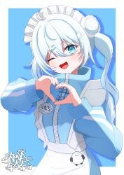  1girl absurdres antenna_hair apron blue_background blue_eyes blush border commentary_request double-parted_bangs double_bun frilled_apron frills grey_hair hair_between_eyes hair_bun heart heart_hands highres jacket jersey_maid long_hair long_sleeves looking_at_viewer ma-kun maid maid_headdress noripro one_eye_closed open_mouth simple_background smile solo track_jacket turtleneck turtleneck_jacket twintails unconventional_maid upper_body virtual_youtuber white_apron white_border white_headdress yukinose_kumochi 